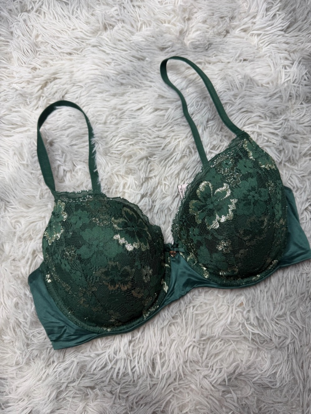 Victoria’s Secret Body By Victoria VS Lined Demi Bra 36DD Green Lace Metallic